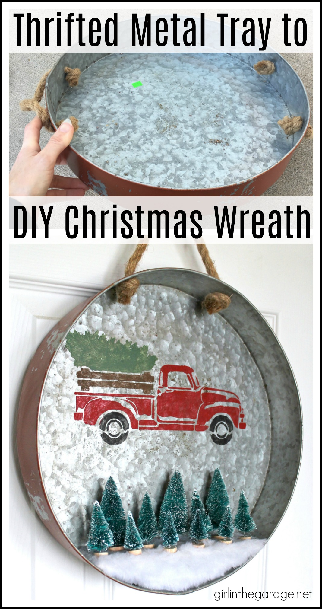 Make a DIY Christmas wreath from a repurposed metal tray - an adorable Christmas decor idea with stenciled truck and miniature bottle brush trees! By Girl in the Garage