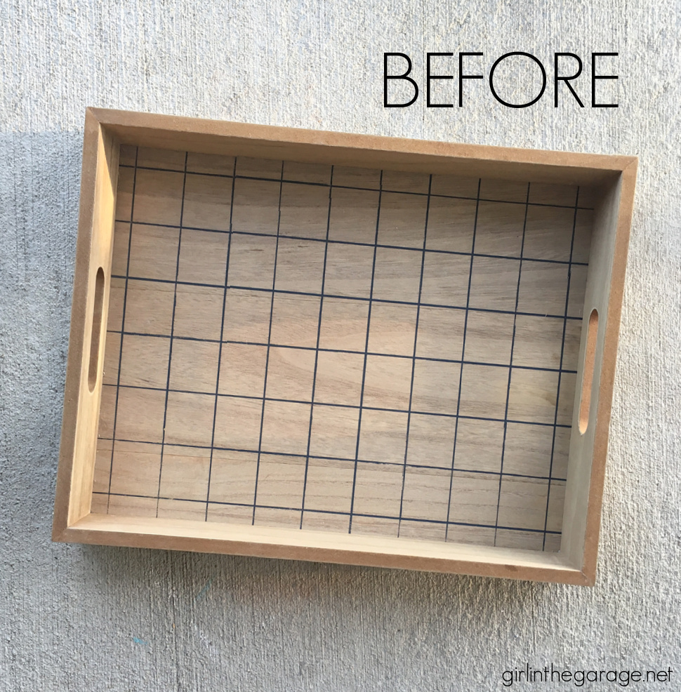 How to make an adorable upcycled wood tray with yardsticks and paint stirrers. Easy DIY home decor idea by Girl in the Garage