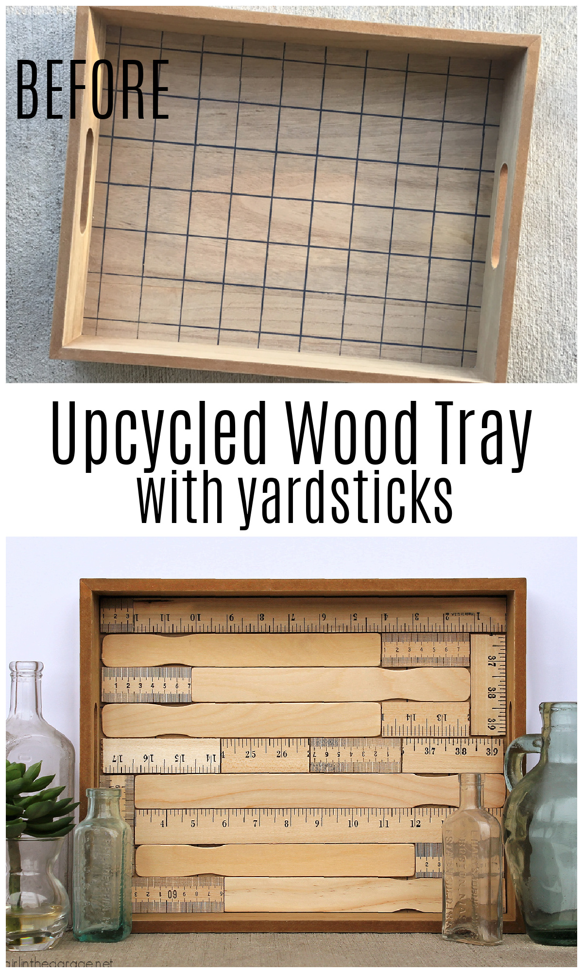 How to make an adorable upcycled wood tray with yardsticks and paint stirrers. Easy DIY home decor idea by Girl in the Garage