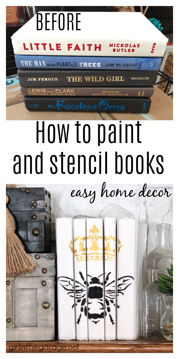 Easy beautiful decor: Chalk Painted books with stencil. Learn how in this step by step tutorial with video! DIY decor ideas by Girl in the Garage