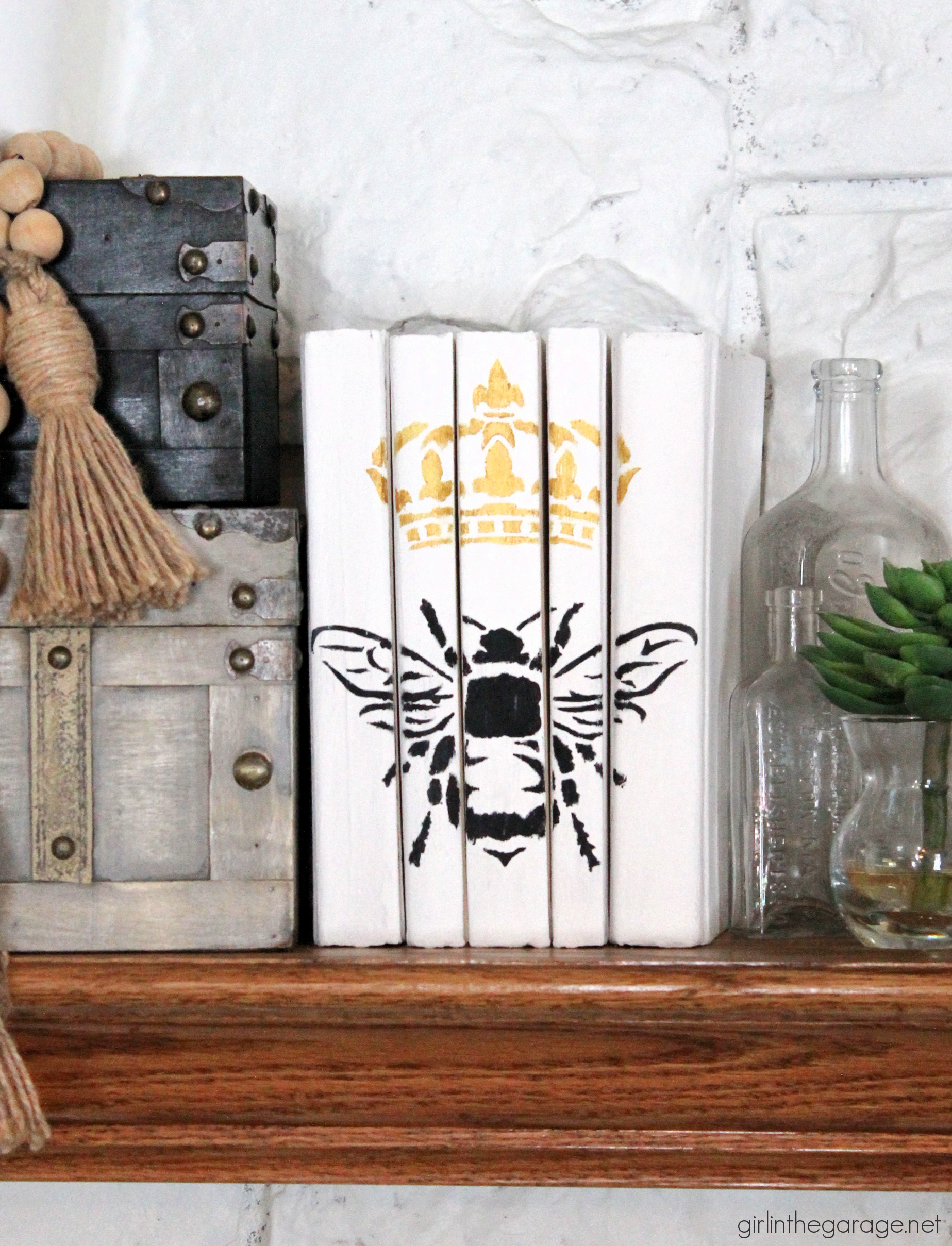 Easy beautiful decor: Chalk Painted books with stencil. Learn how in this step by step tutorial with video! DIY decor ideas by Girl in the Garage