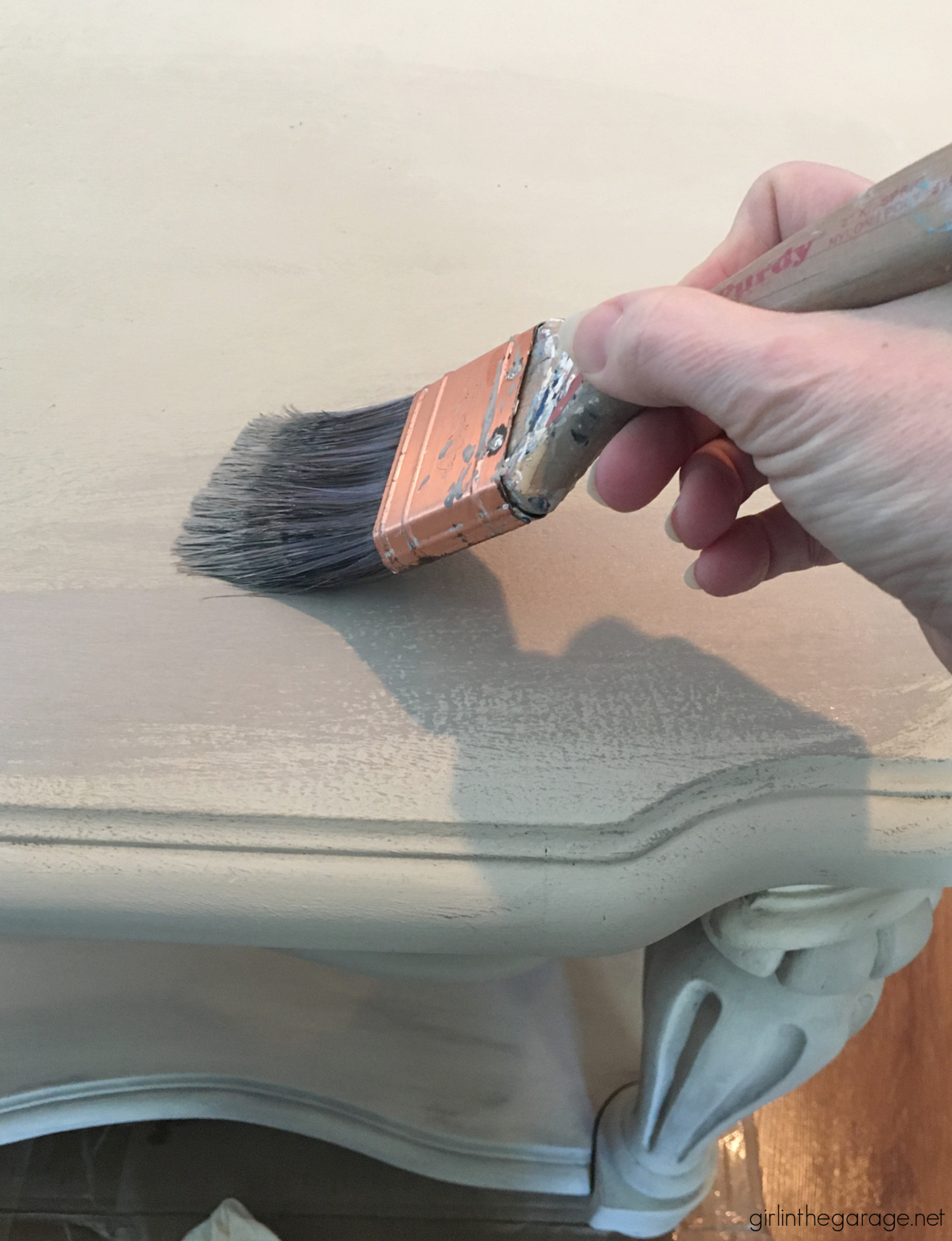 Learn how to paint a driftwood finish with Chalk Paint on a wooden table. Painted furniture ideas by Girl in the Garage