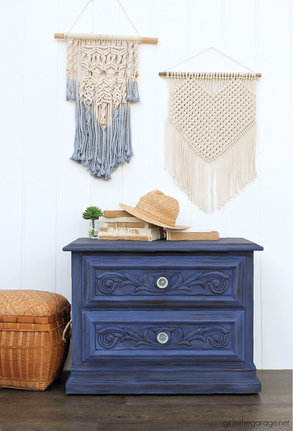 Bold blue painted nightstand with crystal knobs - by Girl in the Garage