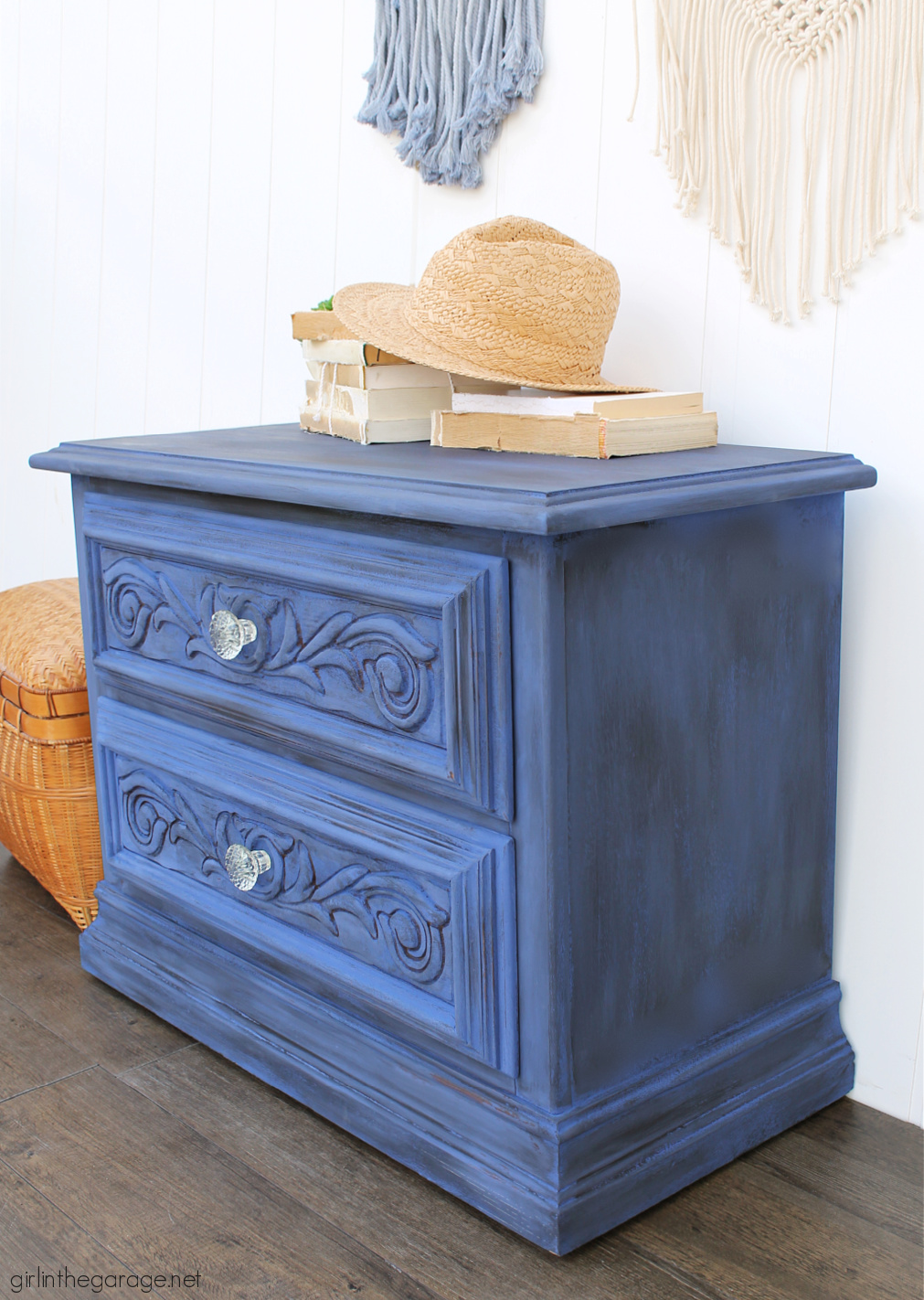 Create a statement piece with a bold blue Chalk Painted nightstand. DIY painted furniture ideas by Girl in the Garage