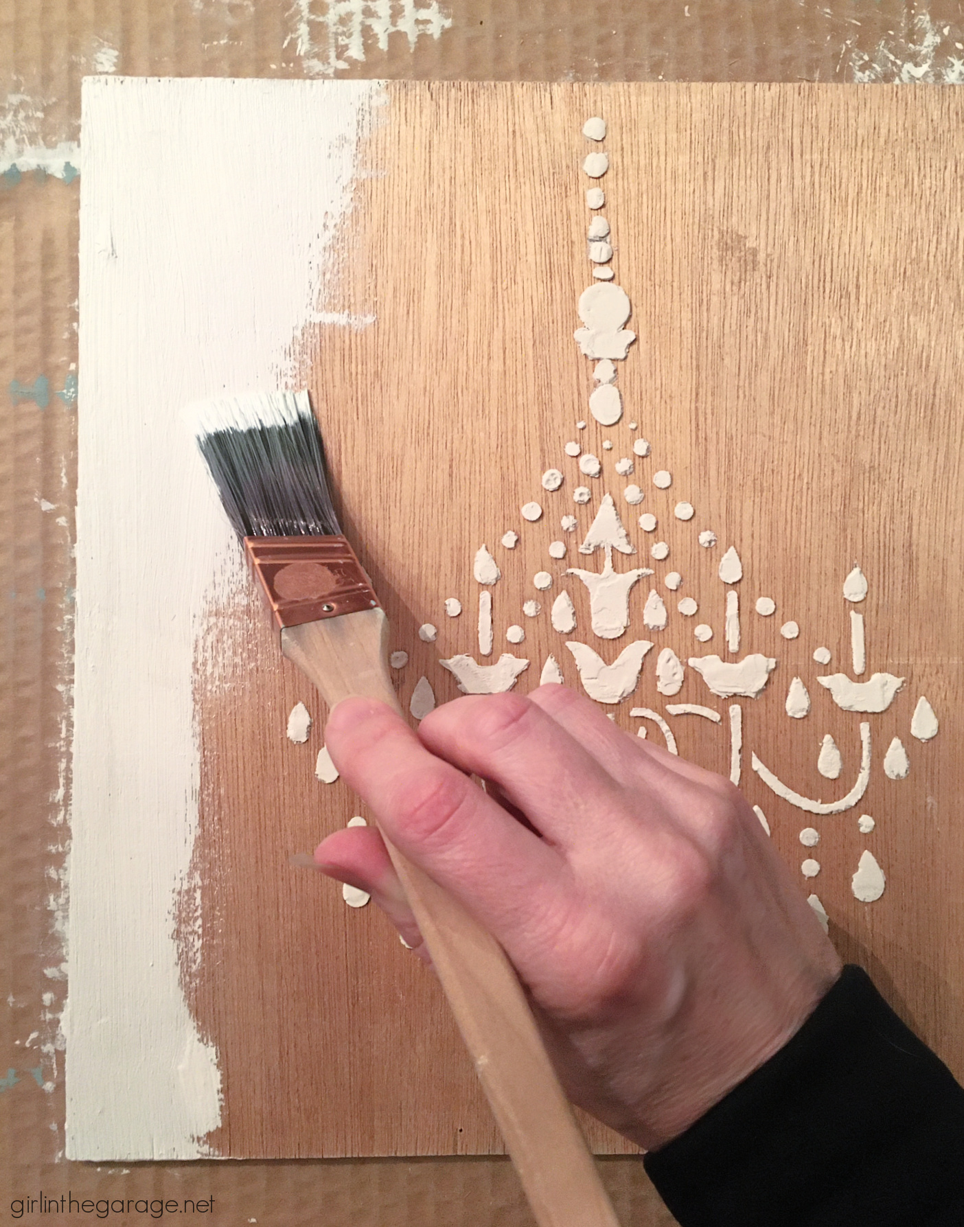 Learn how to make custom 3D chandelier wall art with a raised stencil technique and Chalk Paint. Beautiful French vintage decor by Girl in the Garage