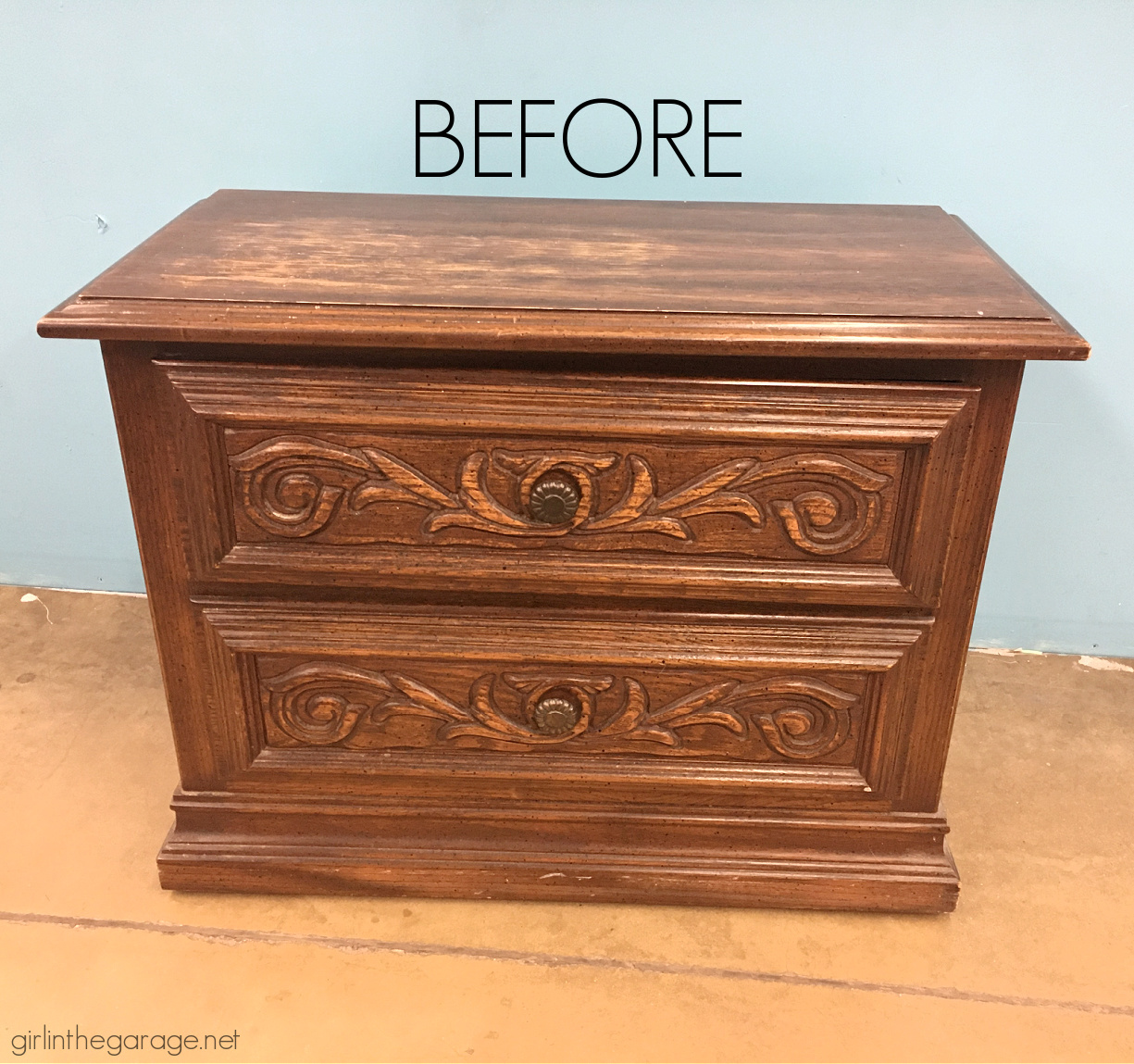 Create a statement piece with a Napoleonic Blue Chalk Painted nightstand. DIY painted furniture ideas by Girl in the Garage