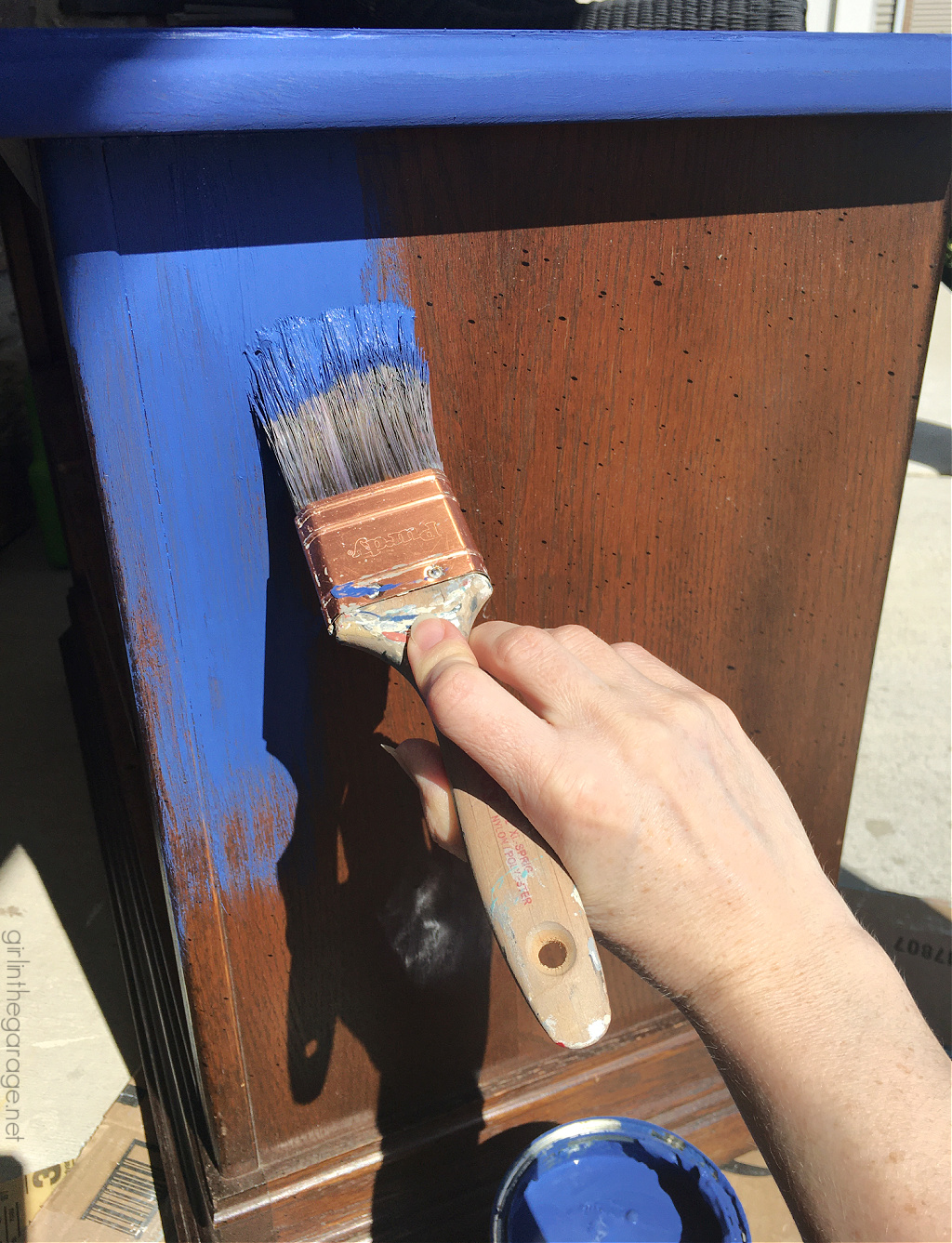 Create a statement piece with a Napoleonic Blue Chalk Painted nightstand. DIY painted furniture ideas by Girl in the Garage