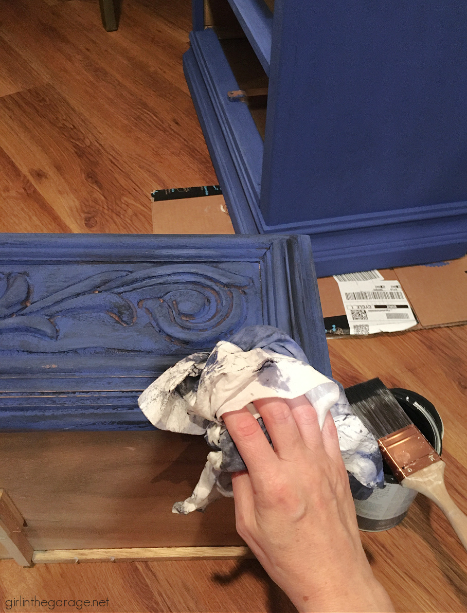 Create a statement piece with a bold blue Chalk Painted nightstand. Also how to do a black wash on furniture. DIY painted furniture ideas by Girl in the Garage