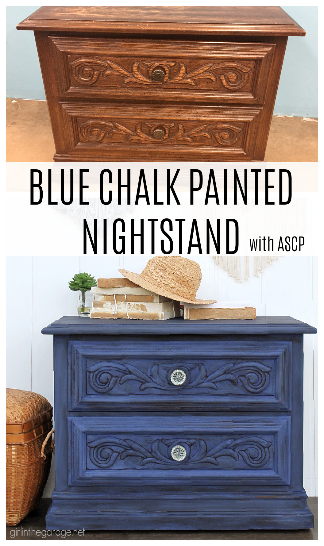 Learn how to create a statement piece with a bold blue Chalk Painted nightstand. DIY painted furniture ideas by Girl in the Garage