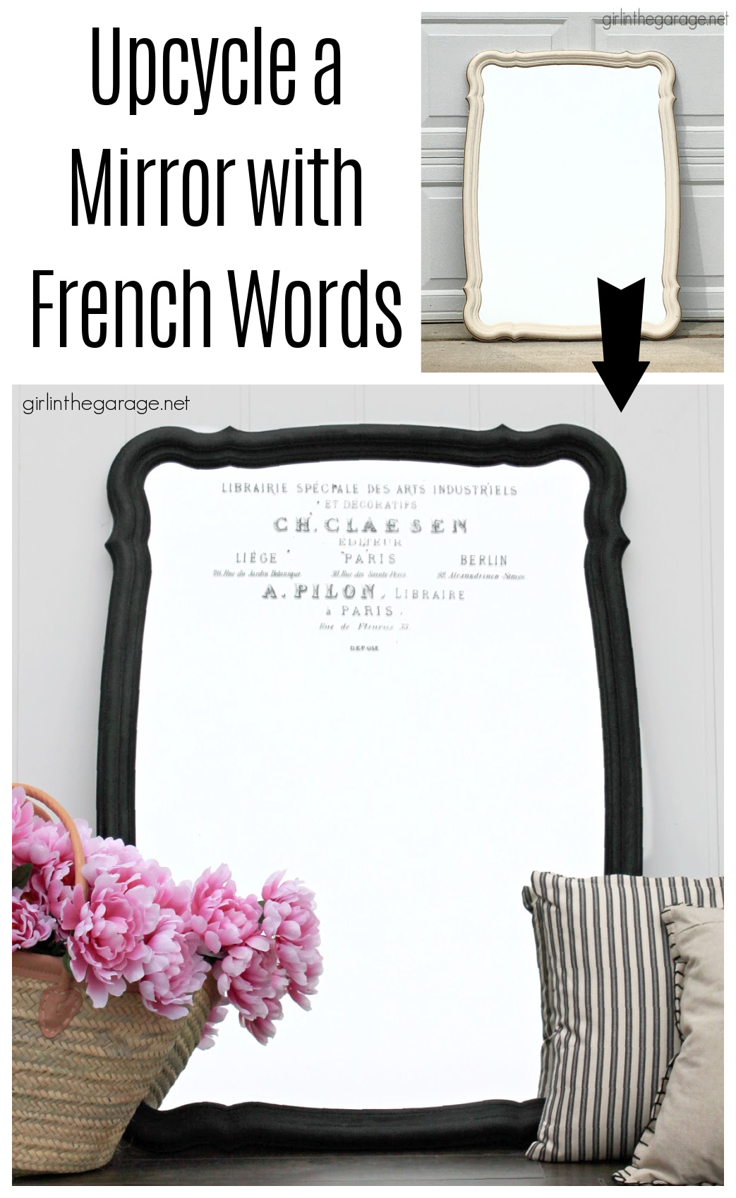 Learn how to upcycle a vintage mirror into gorgeous French style decor. Easy and thrifty DIY decor idea by Girl in the Garage.