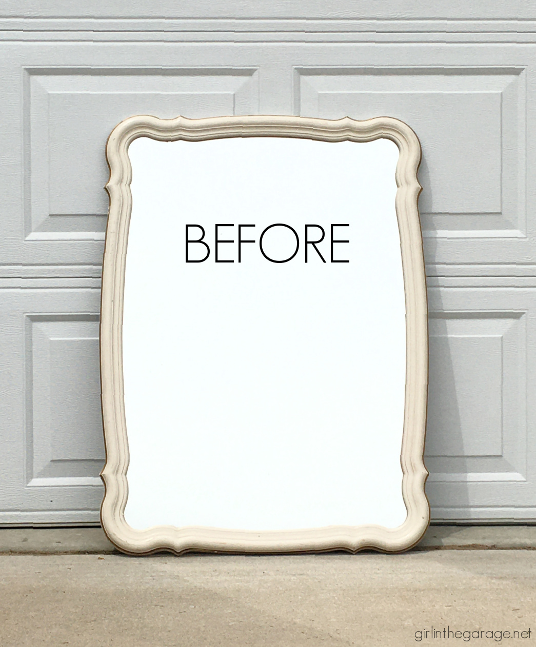 Before: Learn how to upcycle a vintage mirror into gorgeous French style decor. Easy and thrifty DIY decor idea by Girl in the Garage.