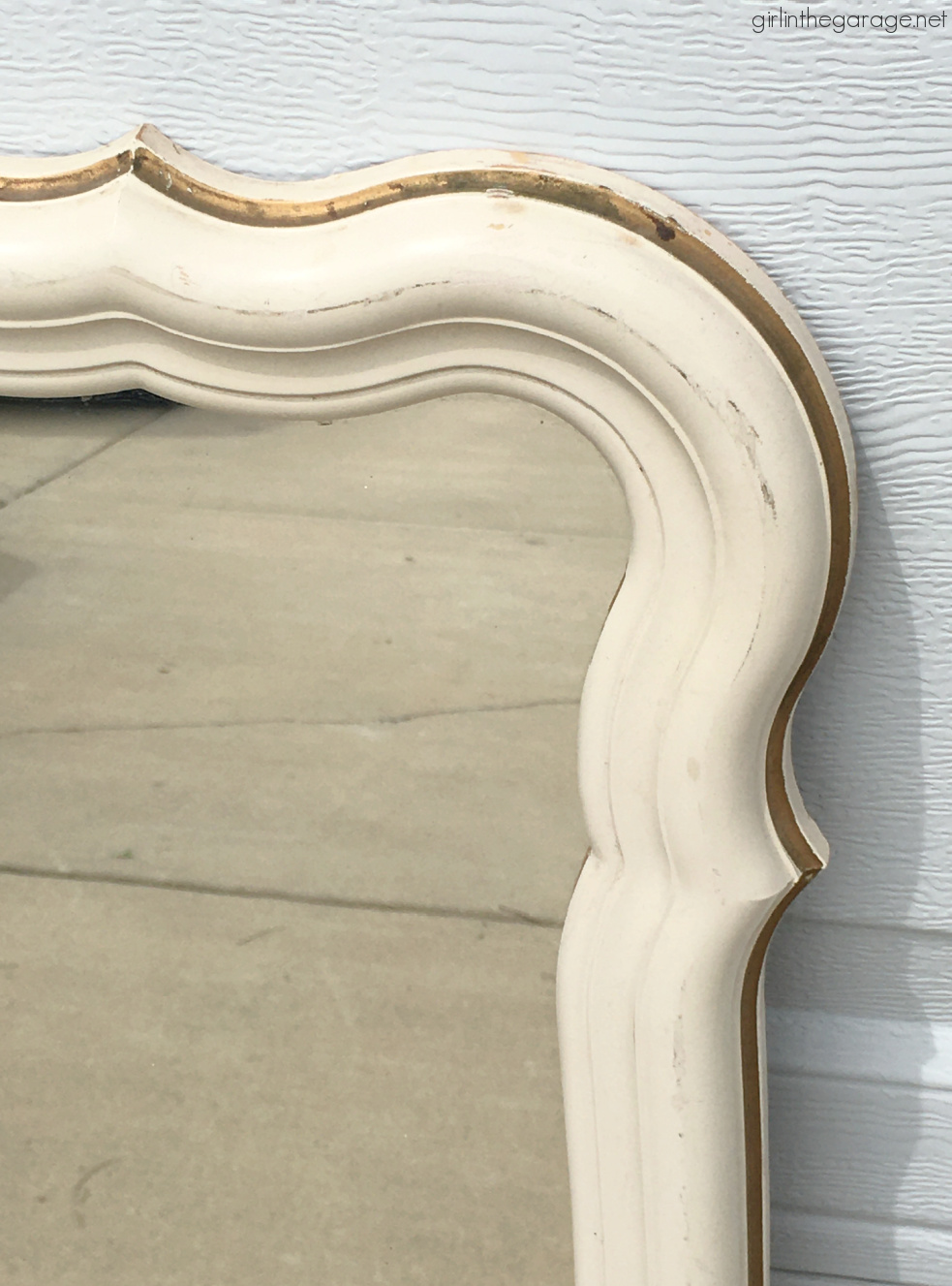 Before: Learn how to upcycle a vintage mirror into gorgeous French style decor. Easy and thrifty DIY decor idea by Girl in the Garage.