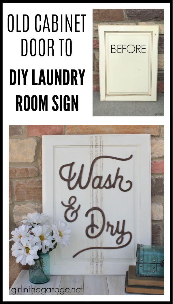 Have an old cabinet door? Learn how to repurpose it into an adorable DIY laundry room sign with grain sack stripes! By Girl in the Garage