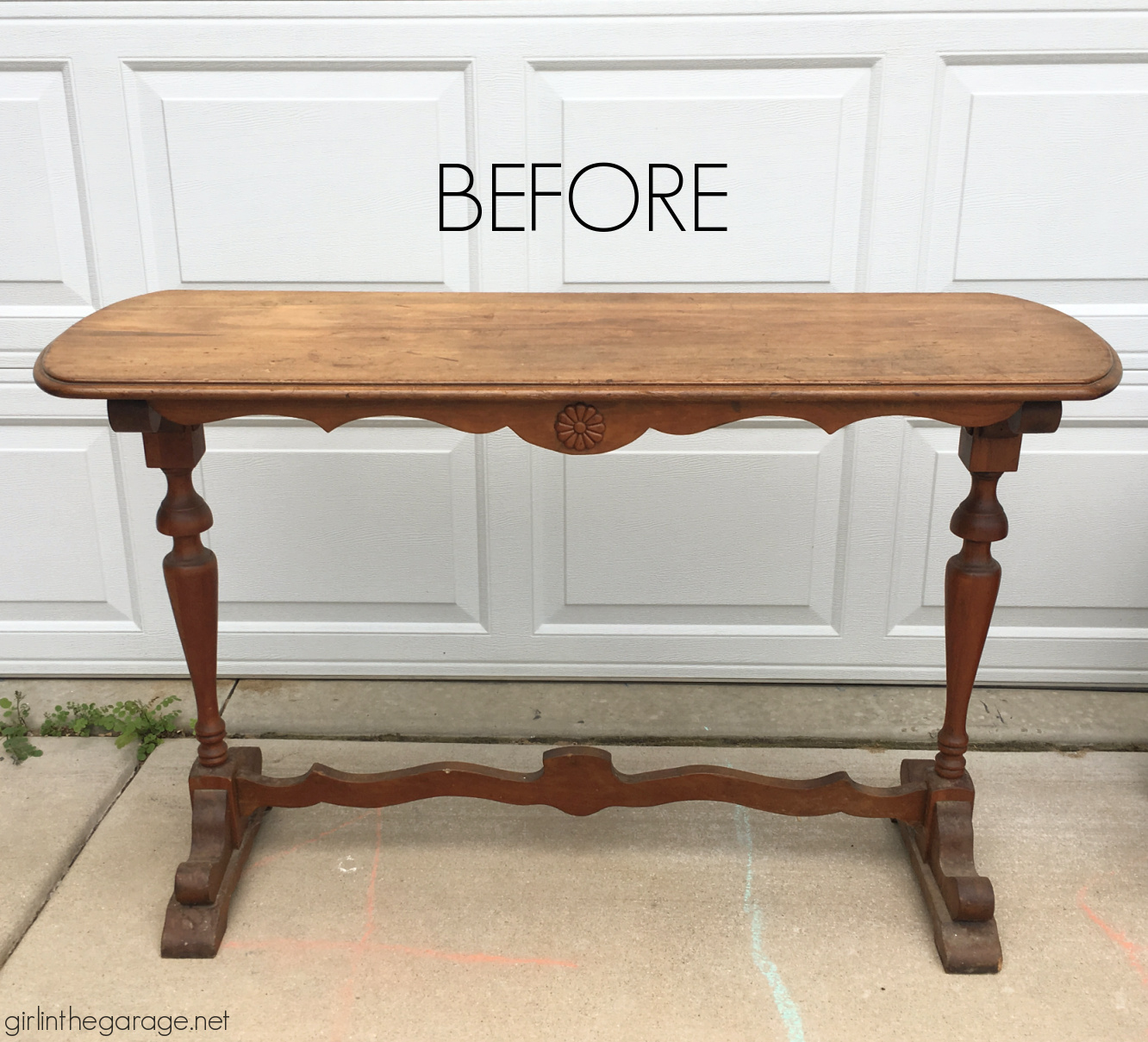 Learn how to create a DIY farmhouse sofa table with just a hint of whitewashed paint on bottom and a gorgeous natural wood top. DIY painted furniture and decor ideas by Girl in the Garage