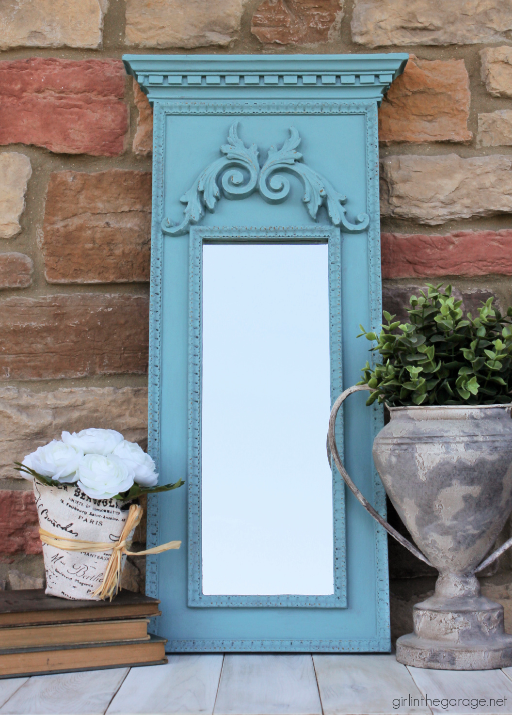 Discover creative ideas for updating thrifted decor in these tutorials for Chalk Painting a vintage mirror and stenciling a wall shelf. By Girl in the Garage