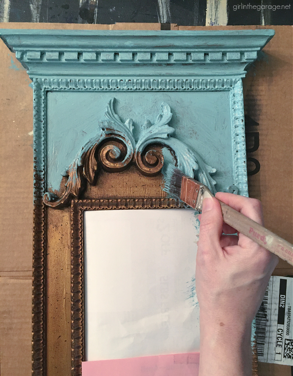 Discover creative ideas for updating thrifted decor in these tutorials for Chalk Painting a vintage mirror and stenciling a wall shelf. By Girl in the Garage