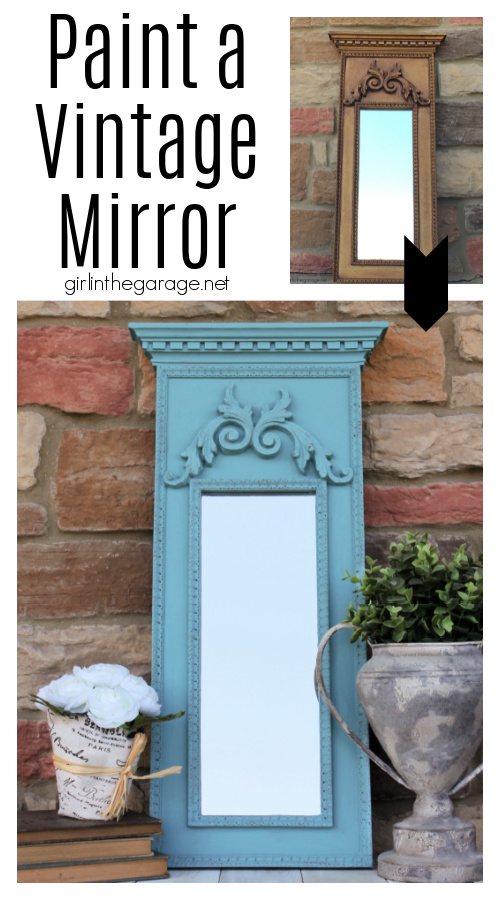 Discover creative ideas for updating thrifted decor in these tutorials for Chalk Painting a vintage mirror and stenciling a wall shelf. By Girl in the Garage