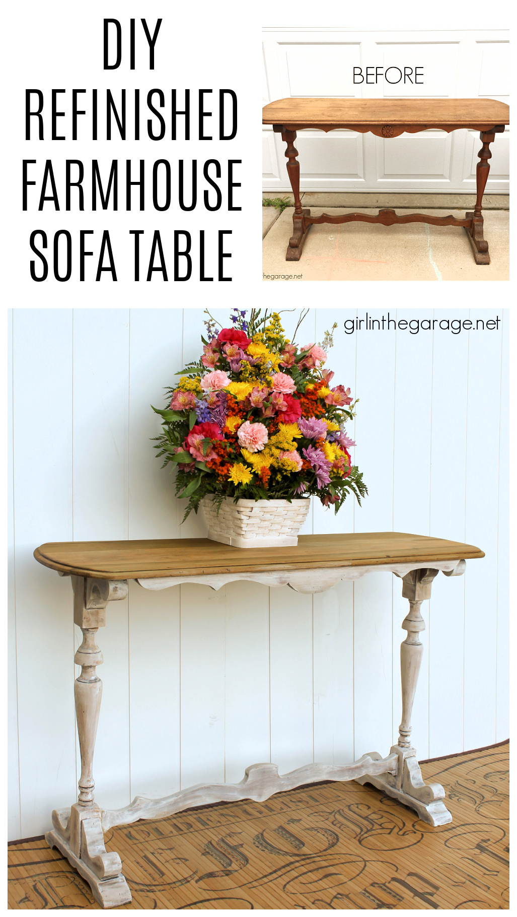 Learn how to create a DIY farmhouse sofa table with just a hint of whitewashed paint on bottom and a gorgeous natural wood top. DIY painted furniture and decor ideas by Girl in the Garage