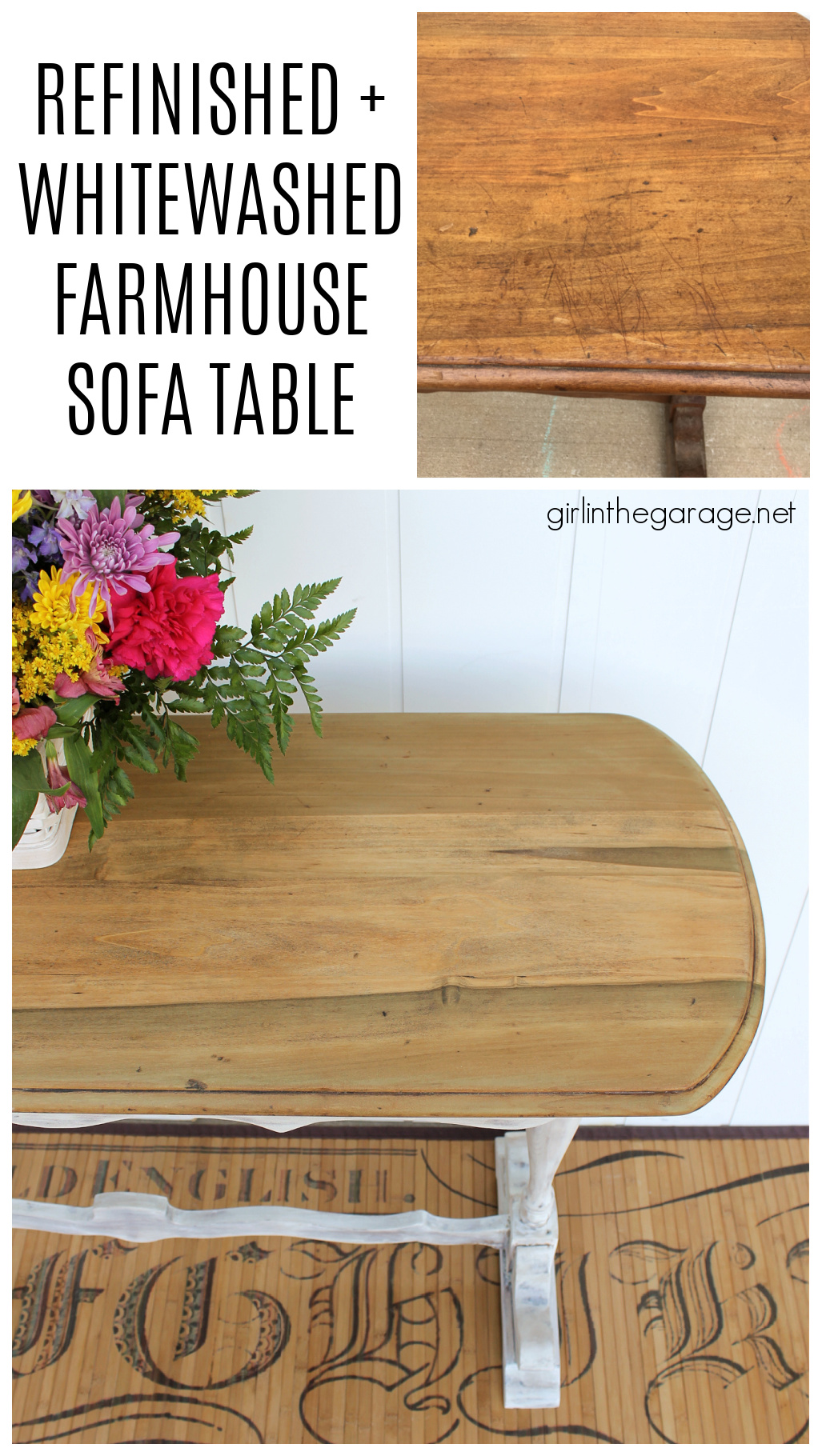 Learn how to create a DIY farmhouse sofa table with just a hint of whitewashed paint on bottom and a gorgeous natural wood top. DIY painted furniture and decor ideas by Girl in the Garage