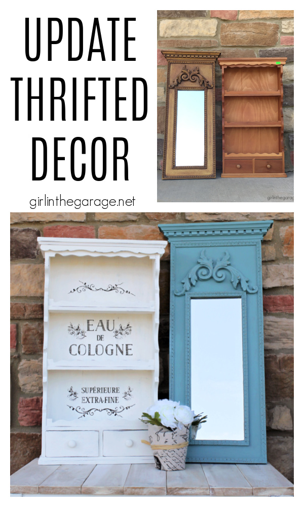 Discover creative ideas for updating thrifted decor in these tutorials for Chalk Painting a vintage mirror and stenciling a wall shelf. By Girl in the Garage