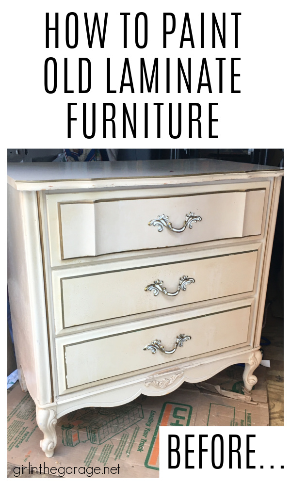 YES you can paint laminate furniture! Learn how to prep and paint laminate furniture with Chalk Paint for beautiful results. Painted furniture ideas by Girl in the Garage