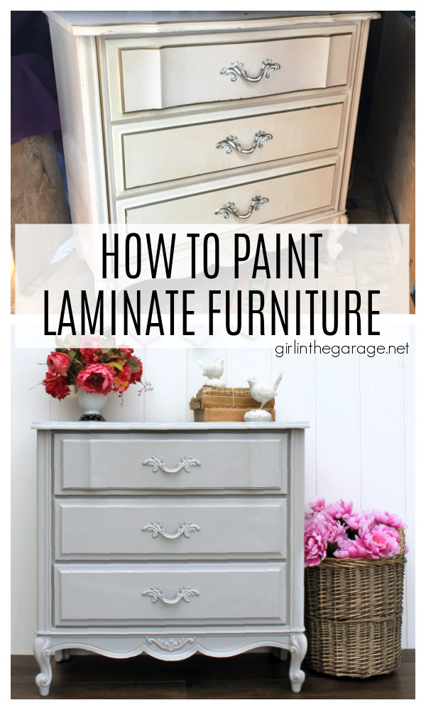 YES you can paint laminate furniture! Learn how to prep and paint laminate furniture with Chalk Paint for beautiful results. Painted furniture ideas by Girl in the Garage