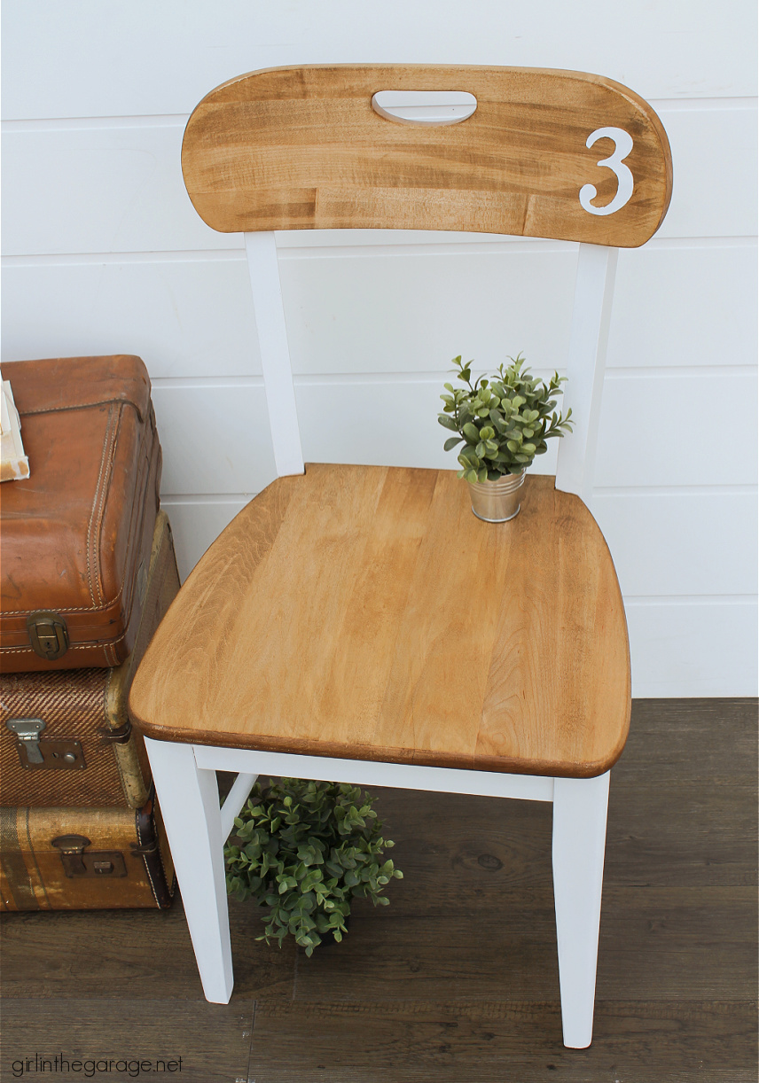 Learn how to stain and paint a wood chair for beautiful results. Step by step DIY tutorial by Girl in the Garage.