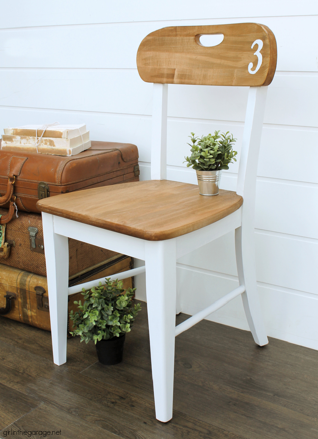 Learn how to stain and paint a wood chair for beautiful results. Step by step DIY tutorial by Girl in the Garage.