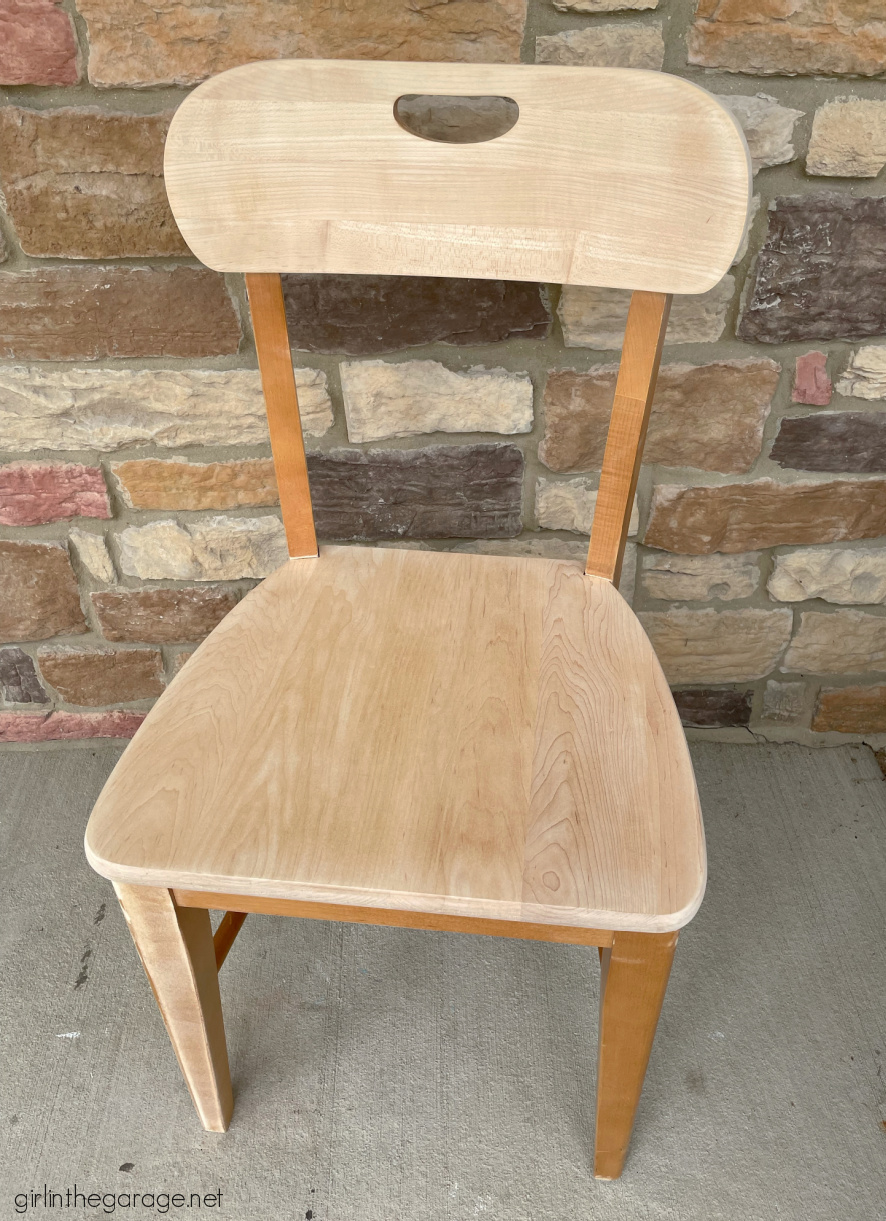 Learn how to stain and paint a wood chair for beautiful results. Step by step DIY tutorial by Girl in the Garage.
