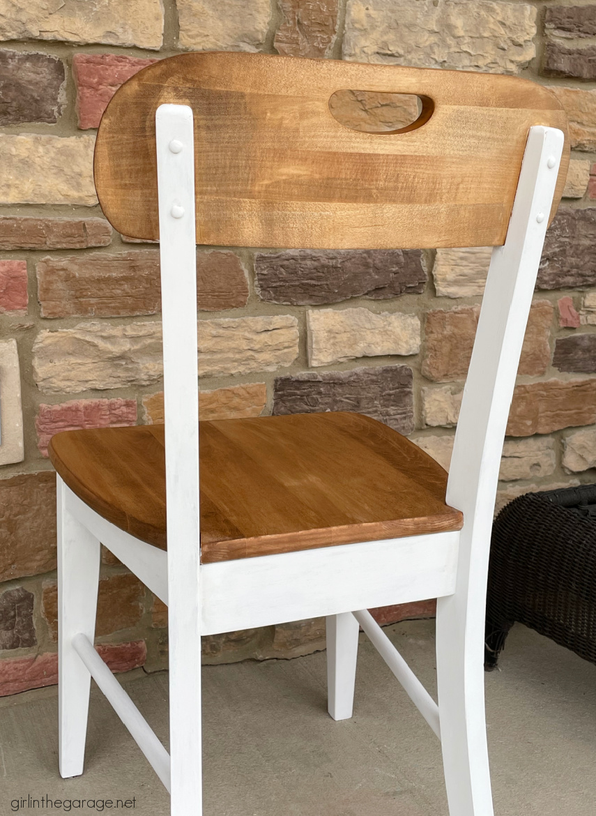 Learn how to stain and paint a wood chair for beautiful results. Step by step DIY tutorial by Girl in the Garage.