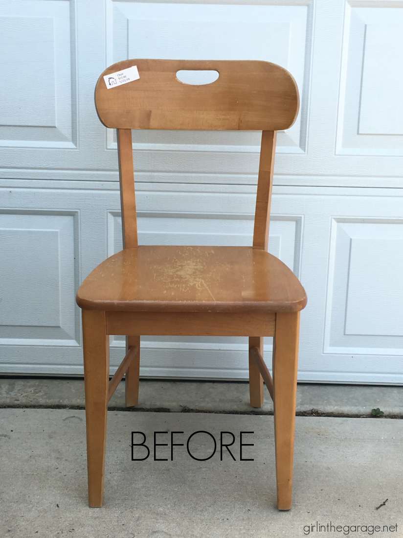 Learn how to stain and paint a wood chair for beautiful results. Step by step DIY tutorial by Girl in the Garage.