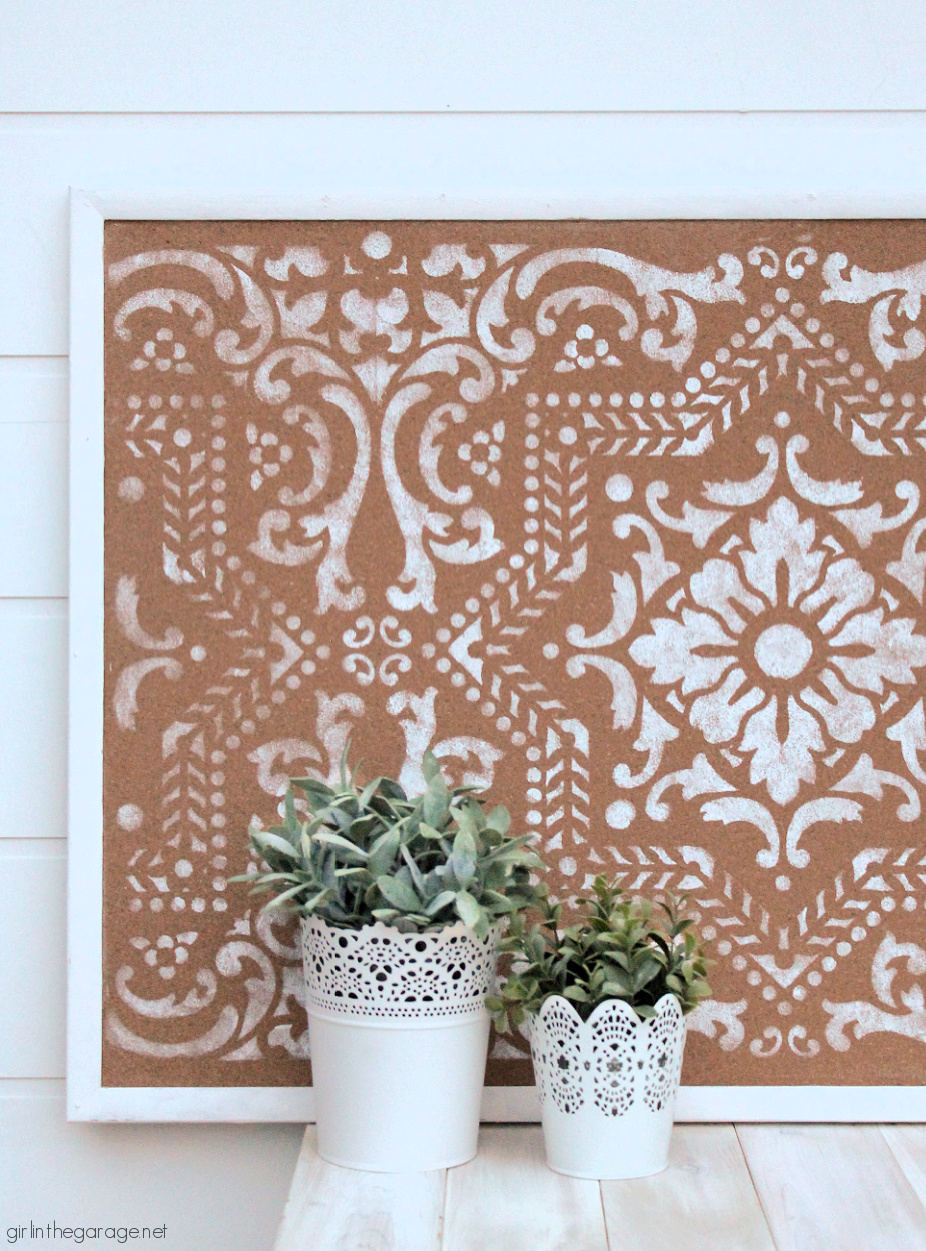 Learn how to paint cork board with a stencil for gorgeous custom home decor. An easy DIY project with step by step tutorial from Girl in the Garage.