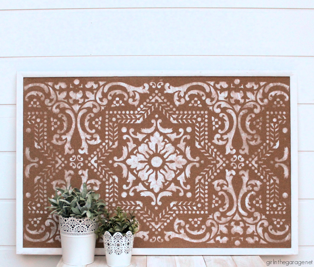 Learn how to paint cork board with a stencil for gorgeous custom home decor. An easy DIY project with step by step tutorial from Girl in the Garage.