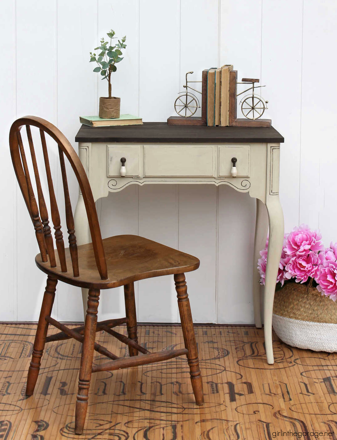 How to repurpose a sewing machine table into a stylish hall table or desk with new stained wood top and elegant Chalk Painted finish. By Girl in the Garage