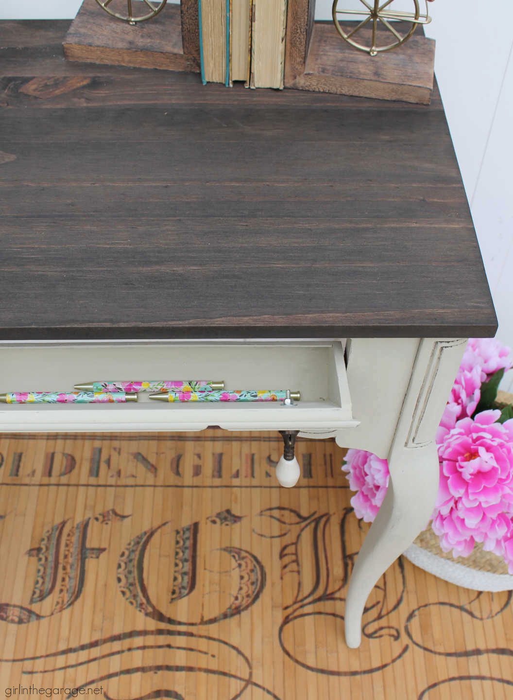 How to repurpose a sewing machine table into a stylish hall table or desk with new stained wood top and elegant Chalk Painted finish. By Girl in the Garage