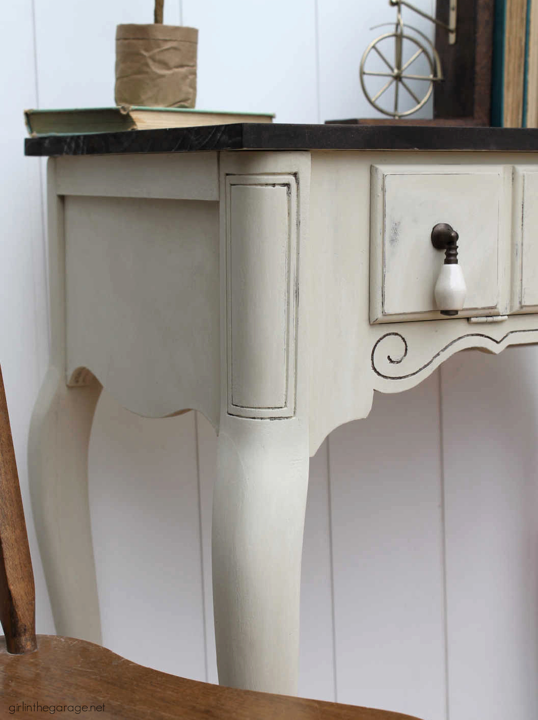 How to repurpose a sewing machine table into a stylish hall table or desk with new stained wood top and elegant Chalk Painted finish. By Girl in the Garage