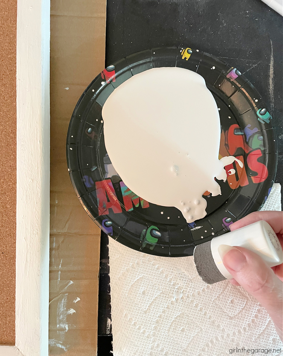 Learn how to paint cork board with a stencil for gorgeous custom home decor. An easy DIY project with step by step tutorial from Girl in the Garage.