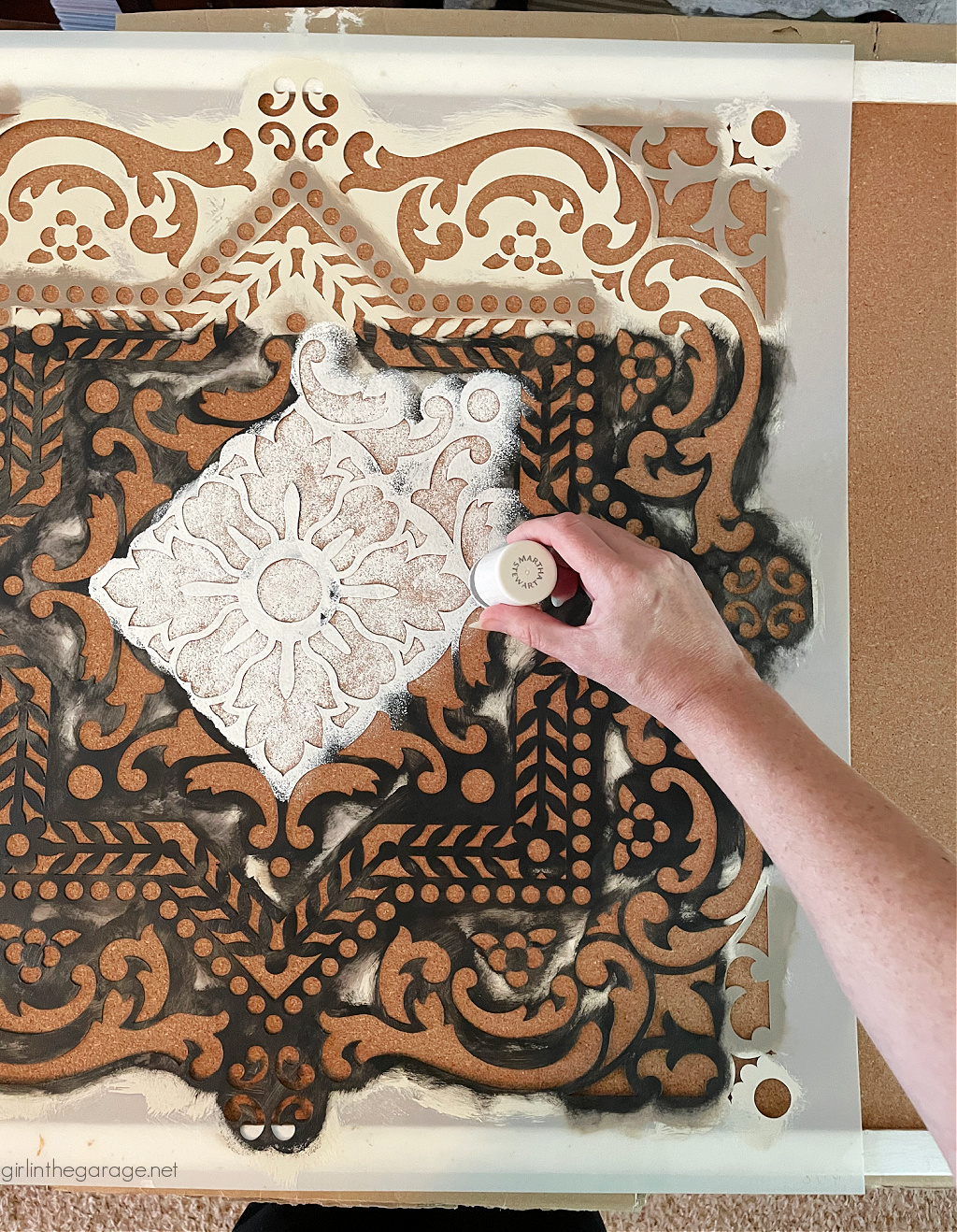 Learn how to paint cork board with a stencil for gorgeous custom home decor. An easy DIY project with step by step tutorial from Girl in the Garage.