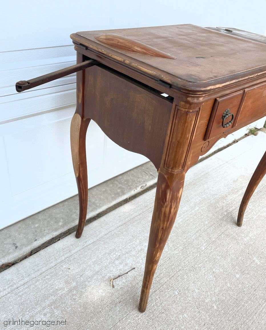 How to repurpose a sewing machine table into a stylish hall table or desk with new stained wood top and elegant Chalk Painted finish. By Girl in the Garage