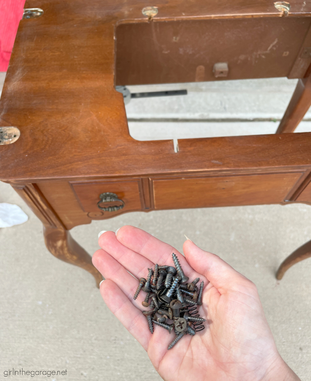 How to repurpose a sewing machine table into a stylish hall table or desk with new stained wood top and elegant Chalk Painted finish. By Girl in the Garage