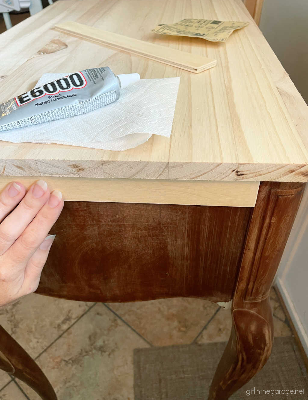 How to repurpose a sewing machine table into a stylish hall table or desk with new stained wood top and elegant Chalk Painted finish. By Girl in the Garage