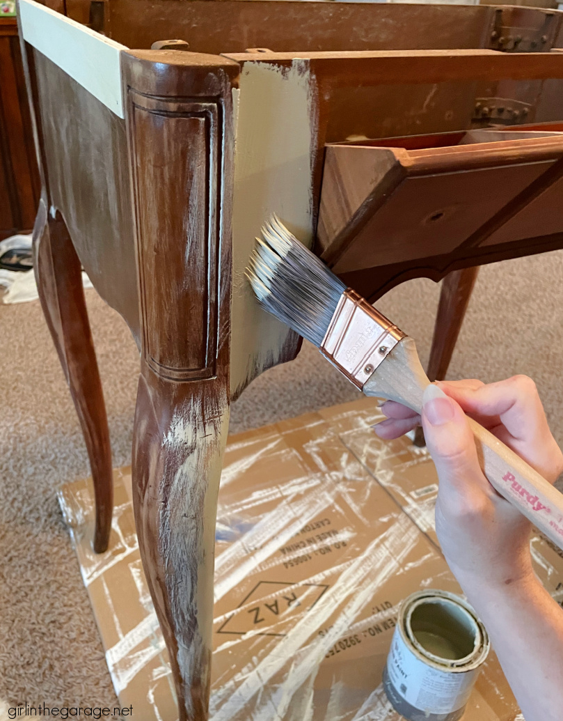 How to repurpose a sewing machine table into a stylish hall table or desk with new stained wood top and elegant Chalk Painted finish. By Girl in the Garage