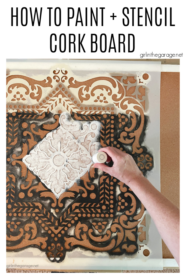 Learn how to paint cork board with a stencil for gorgeous custom home decor. An easy DIY project with step by step tutorial from Girl in the Garage.