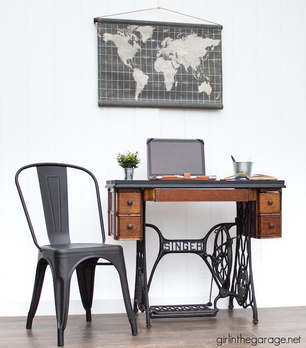 Sewing machine base upcycled into a desk or foyer table - via Girl in the Garage, from the book Amazing Furniture Makeovers.