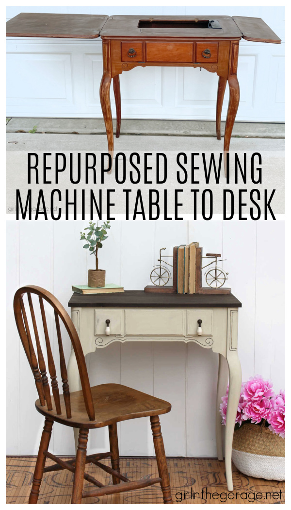 How to repurpose a sewing machine table into a stylish hall table or desk with new stained wood top and elegant Chalk Painted finish. By Girl in the Garage