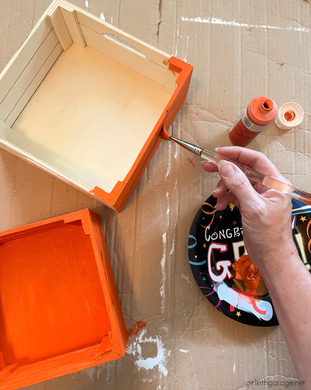 Learn how to make adorable painted crate pumpkins for easy DIY fall decor. Tutorial by Girl in the Garage