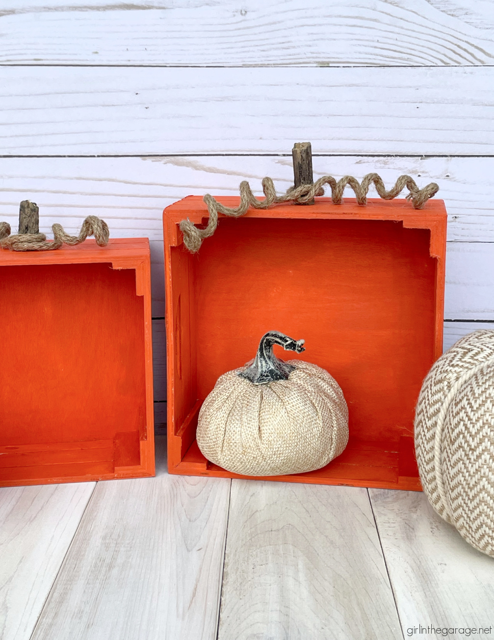 Learn how to make adorable painted crate pumpkins for easy DIY fall decor. Tutorial by Girl in the Garage