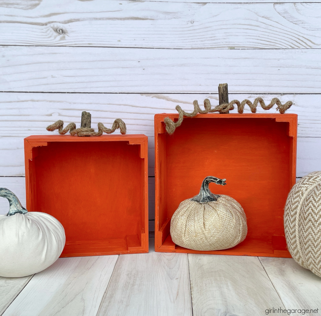 Learn how to make adorable painted crate pumpkins for easy DIY fall decor. Tutorial by Girl in the Garage