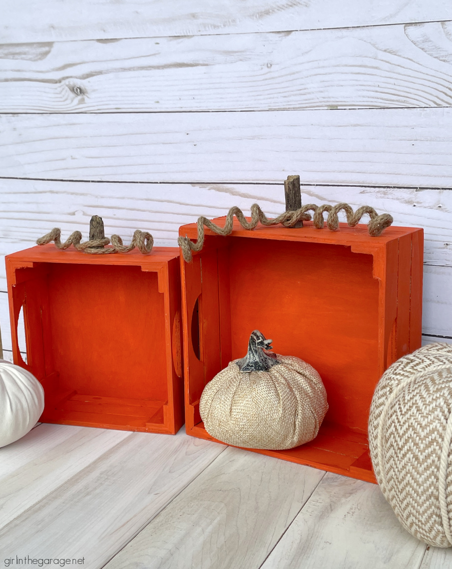 Learn how to make adorable painted crate pumpkins for easy DIY fall decor. Tutorial by Girl in the Garage