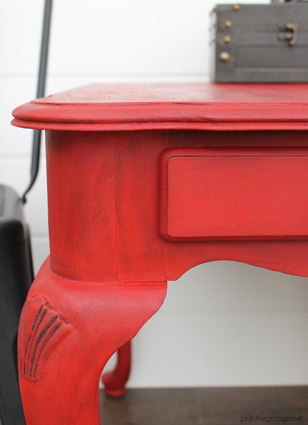 Bold red painted table with Chalk Paint and clear and black wax for drama. DIY tutorial by Girl in the Garage